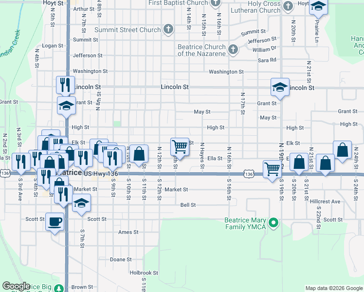 map of restaurants, bars, coffee shops, grocery stores, and more near 1309 Elk Street in Beatrice