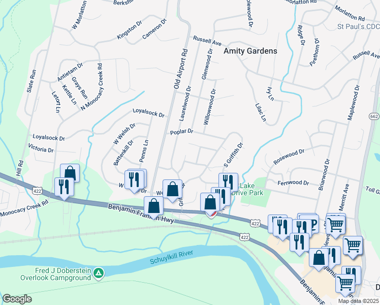 map of restaurants, bars, coffee shops, grocery stores, and more near 3 Elliott Court in Douglassville