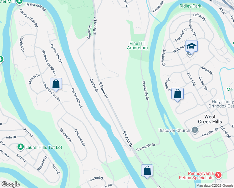 map of restaurants, bars, coffee shops, grocery stores, and more near East Penn Drive in Enola