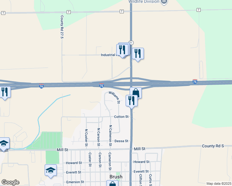 map of restaurants, bars, coffee shops, grocery stores, and more near 1046 Williams Street in Brush
