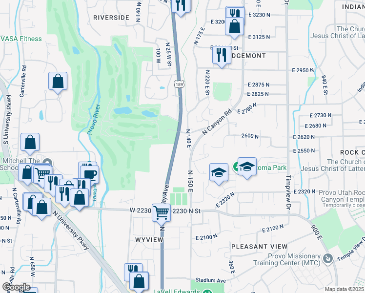 map of restaurants, bars, coffee shops, grocery stores, and more near 2595 North University Avenue in Provo