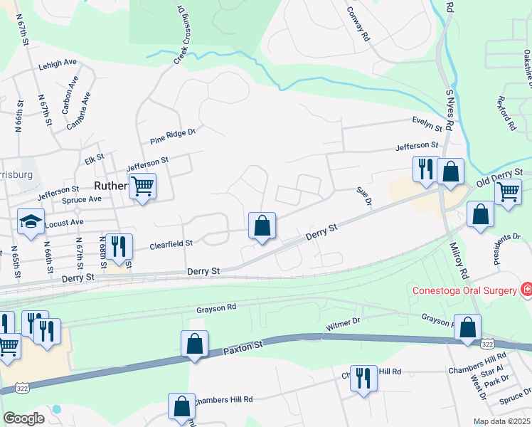 map of restaurants, bars, coffee shops, grocery stores, and more near 7556 Stephen Drive in Harrisburg