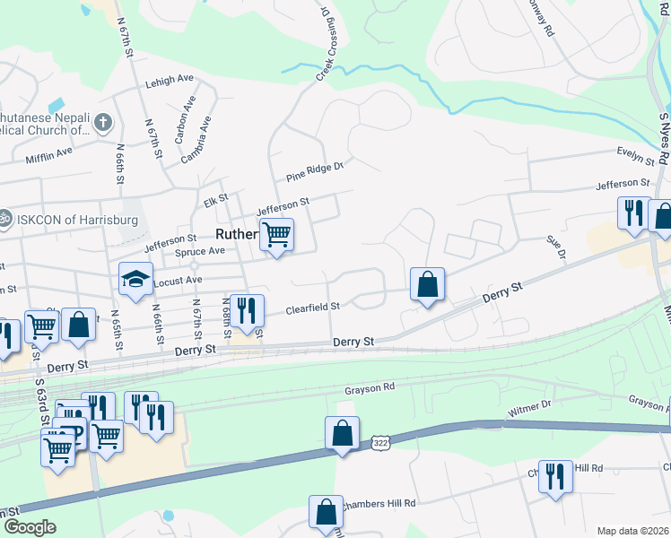 map of restaurants, bars, coffee shops, grocery stores, and more near 7206 Huntingdon Street in Harrisburg