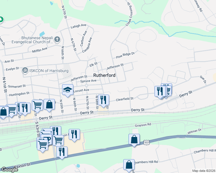 map of restaurants, bars, coffee shops, grocery stores, and more near 6940 Huntingdon Street in Harrisburg