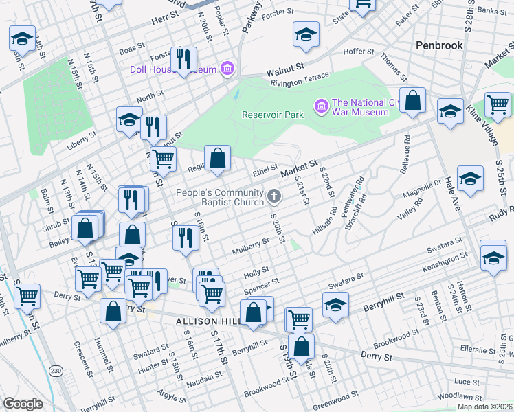 map of restaurants, bars, coffee shops, grocery stores, and more near in Harrisburg