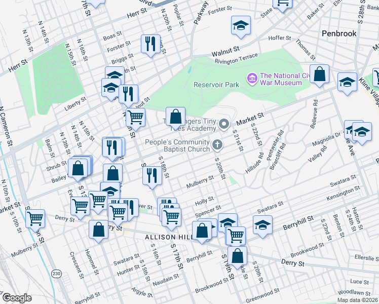 map of restaurants, bars, coffee shops, grocery stores, and more near in Harrisburg