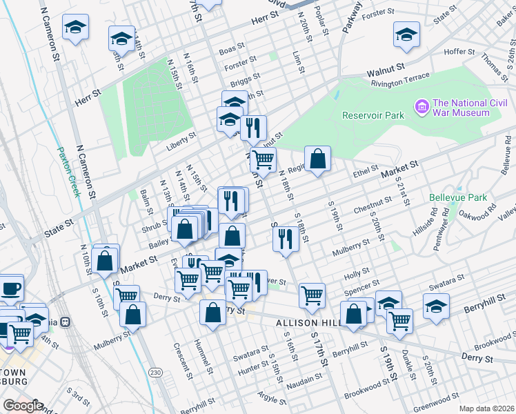 map of restaurants, bars, coffee shops, grocery stores, and more near 1613 Park Street in Harrisburg