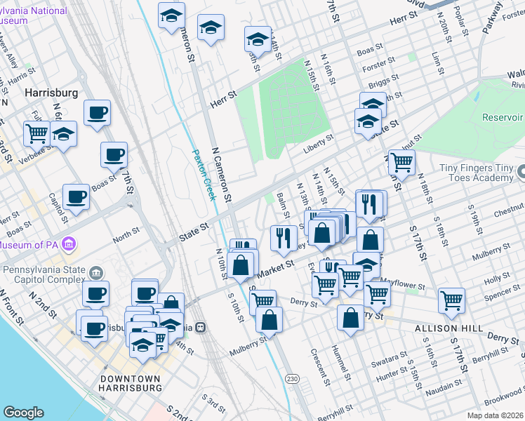 map of restaurants, bars, coffee shops, grocery stores, and more near 121 King Street in Harrisburg
