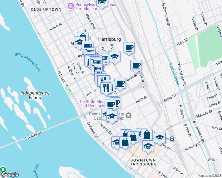 map of restaurants, bars, coffee shops, grocery stores, and more near in Harrisburg