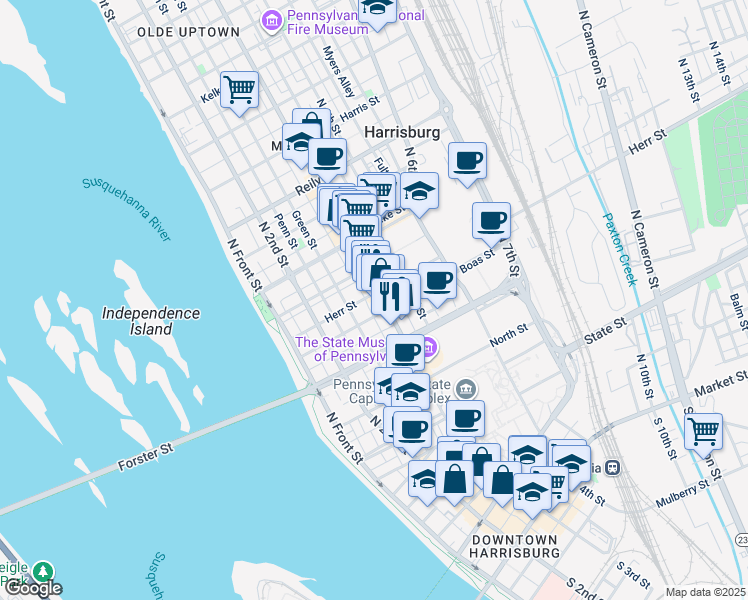 map of restaurants, bars, coffee shops, grocery stores, and more near 259 Herr Street in Harrisburg