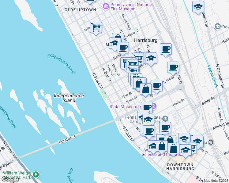 map of restaurants, bars, coffee shops, grocery stores, and more near 116 Cumberland Street in Harrisburg