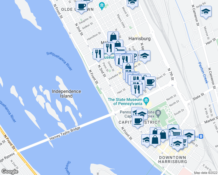 map of restaurants, bars, coffee shops, grocery stores, and more near 116 Cumberland Street in Harrisburg