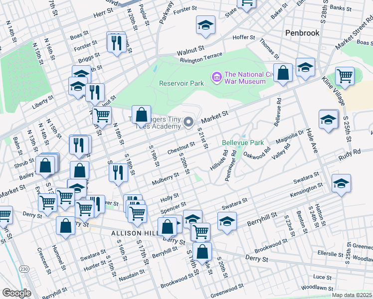 map of restaurants, bars, coffee shops, grocery stores, and more near 2015 Chestnut Street in Harrisburg