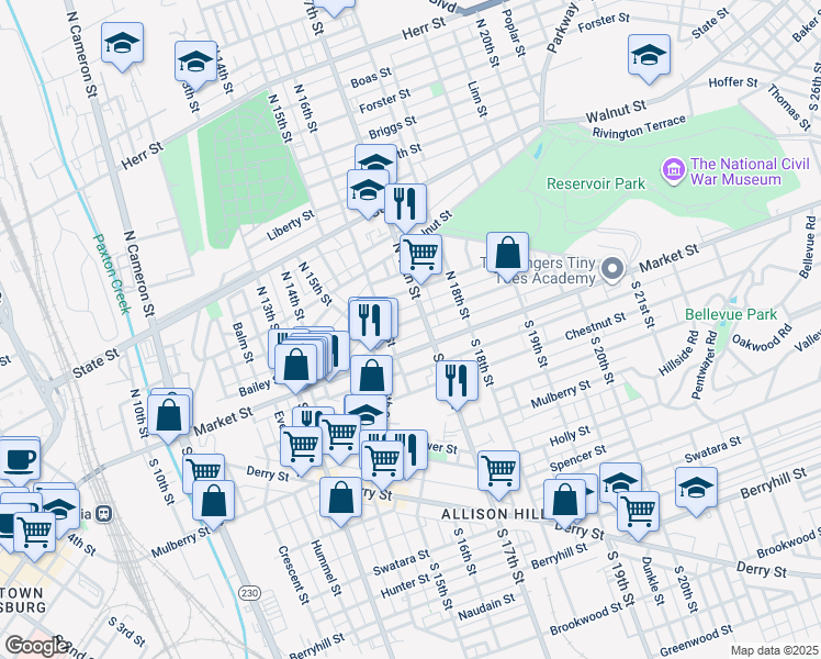 map of restaurants, bars, coffee shops, grocery stores, and more near 1627 Park Street in Harrisburg