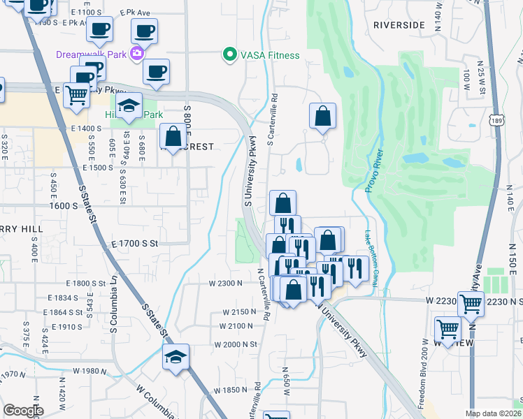 map of restaurants, bars, coffee shops, grocery stores, and more near 1620 Carterville Road in Orem