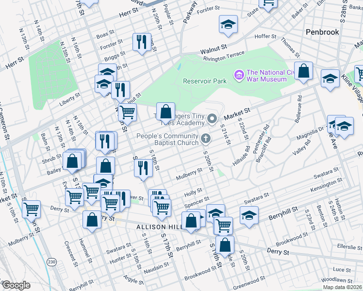 map of restaurants, bars, coffee shops, grocery stores, and more near in Harrisburg