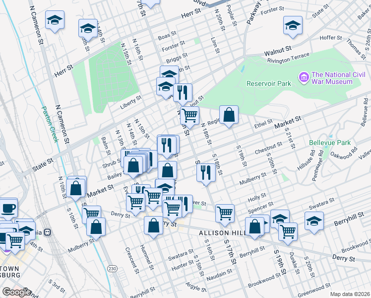 map of restaurants, bars, coffee shops, grocery stores, and more near 1613 Park Street in Harrisburg