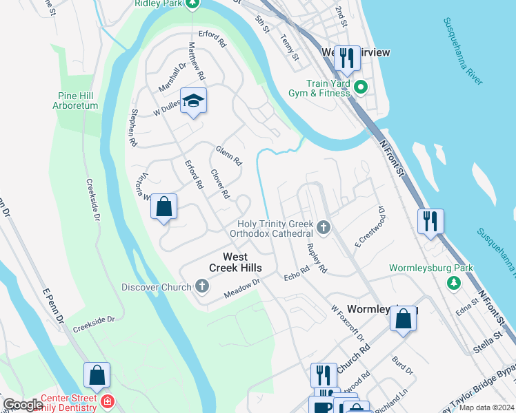 map of restaurants, bars, coffee shops, grocery stores, and more near 16 Paddock Lane in Camp Hill