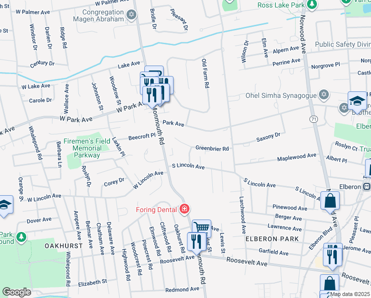 map of restaurants, bars, coffee shops, grocery stores, and more near 14 Greenbrier Road in Ocean Township