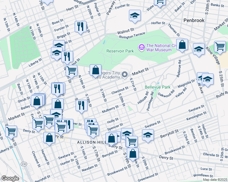 map of restaurants, bars, coffee shops, grocery stores, and more near 1944 Chestnut Street in Harrisburg
