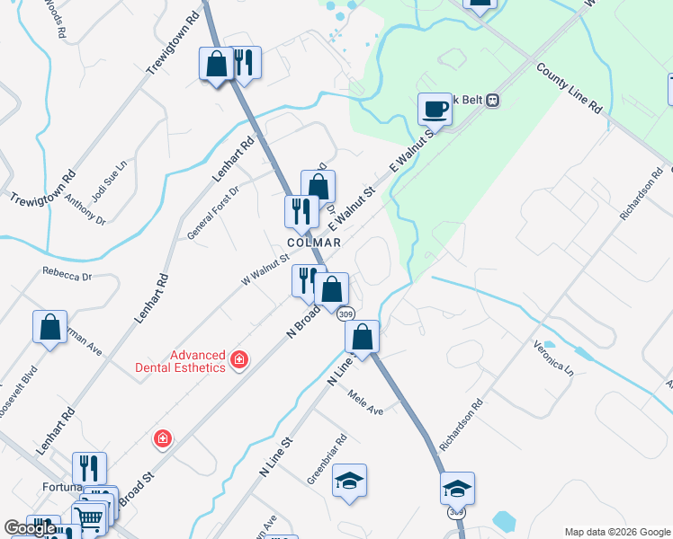 map of restaurants, bars, coffee shops, grocery stores, and more near 101 Bethlehem Pike in Colmar