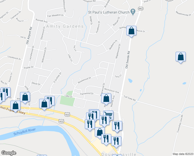 map of restaurants, bars, coffee shops, grocery stores, and more near 1 Pinewood Drive South in Douglassville