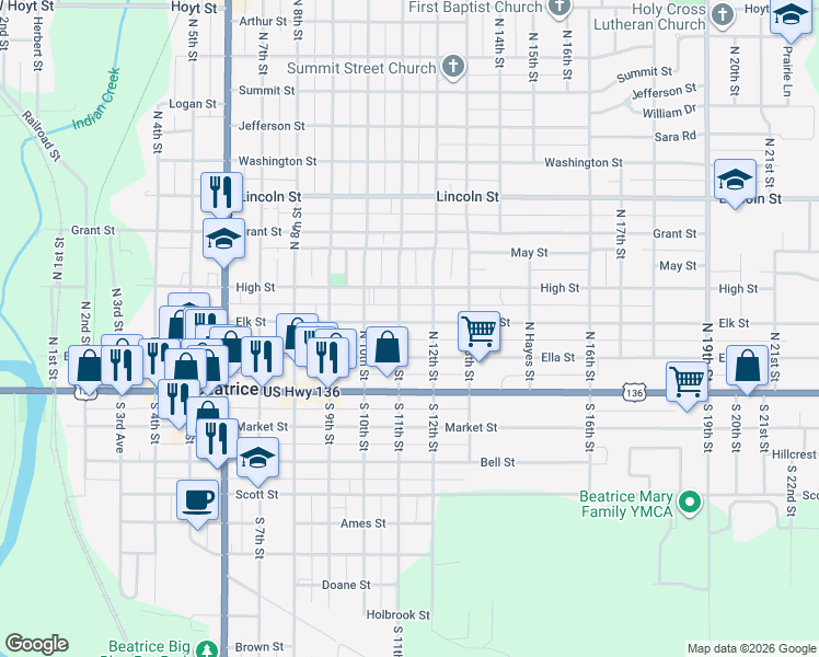 map of restaurants, bars, coffee shops, grocery stores, and more near 1105-1107 Elk Street in Beatrice