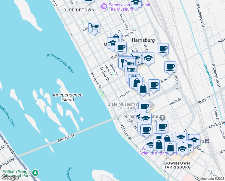 map of restaurants, bars, coffee shops, grocery stores, and more near 116 Cumberland Street in Harrisburg