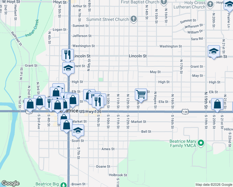 map of restaurants, bars, coffee shops, grocery stores, and more near 1105-1107 Elk in Beatrice