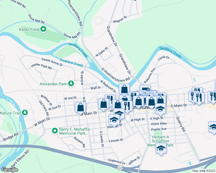 map of restaurants, bars, coffee shops, grocery stores, and more near 201 Wall Street in Hummelstown
