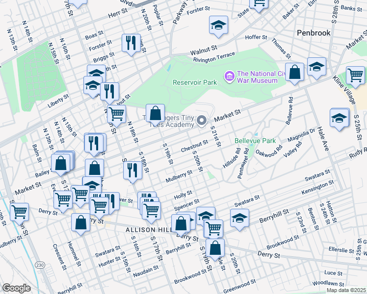 map of restaurants, bars, coffee shops, grocery stores, and more near 1940 Chestnut Street in Harrisburg
