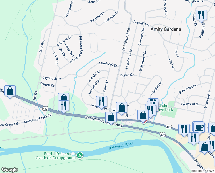 map of restaurants, bars, coffee shops, grocery stores, and more near 306 Penns Lane in Douglassville