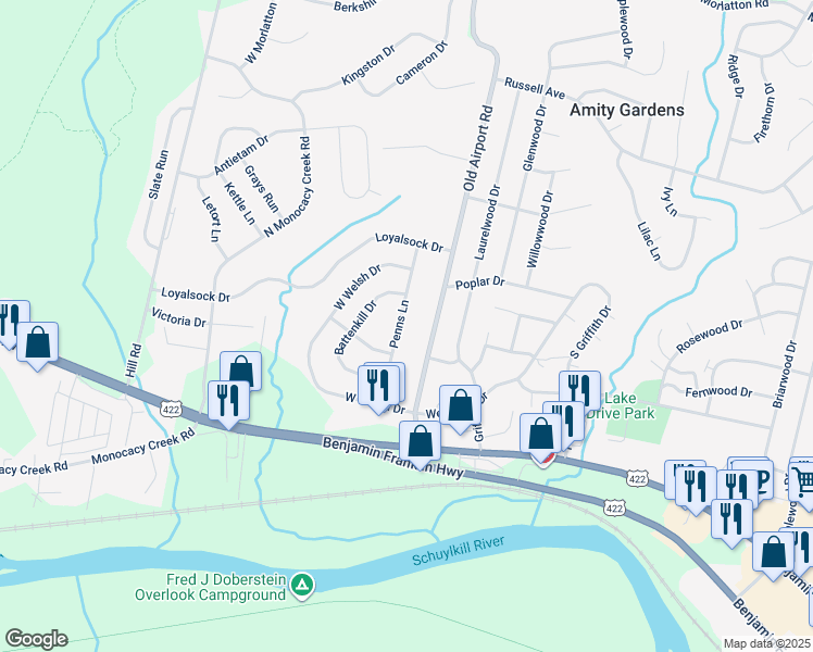 map of restaurants, bars, coffee shops, grocery stores, and more near 306 Penns Lane in Douglassville