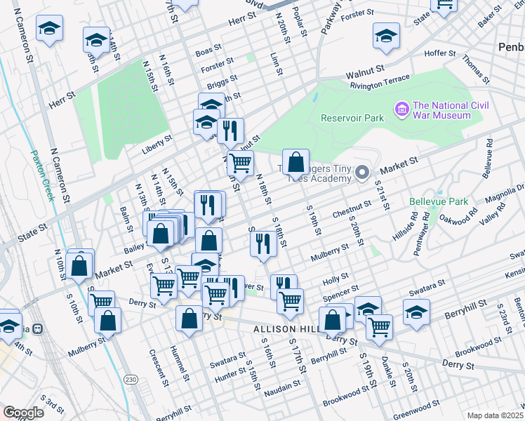 map of restaurants, bars, coffee shops, grocery stores, and more near 1728 Market Street in Harrisburg