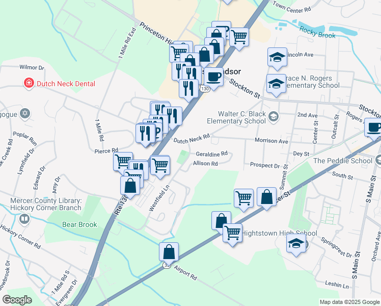 map of restaurants, bars, coffee shops, grocery stores, and more near in East Windsor