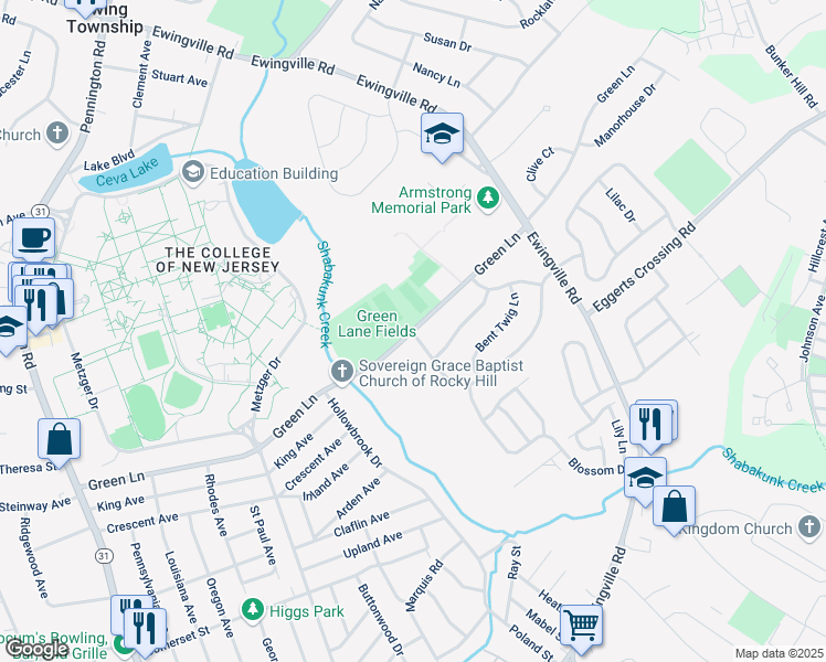 map of restaurants, bars, coffee shops, grocery stores, and more near Green Lane in Ewing Township