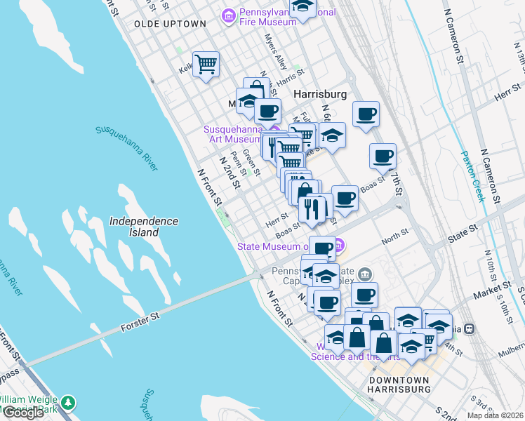 map of restaurants, bars, coffee shops, grocery stores, and more near 1110 Penn Street in Harrisburg