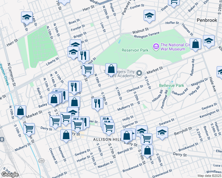 map of restaurants, bars, coffee shops, grocery stores, and more near 1841 Market Street in Harrisburg