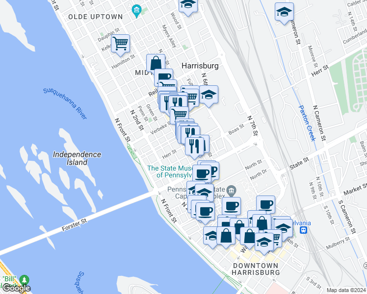 map of restaurants, bars, coffee shops, grocery stores, and more near 259 Herr Street in Harrisburg