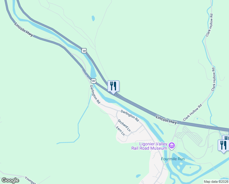 map of restaurants, bars, coffee shops, grocery stores, and more near 2726 U.S. 30 in Ligonier