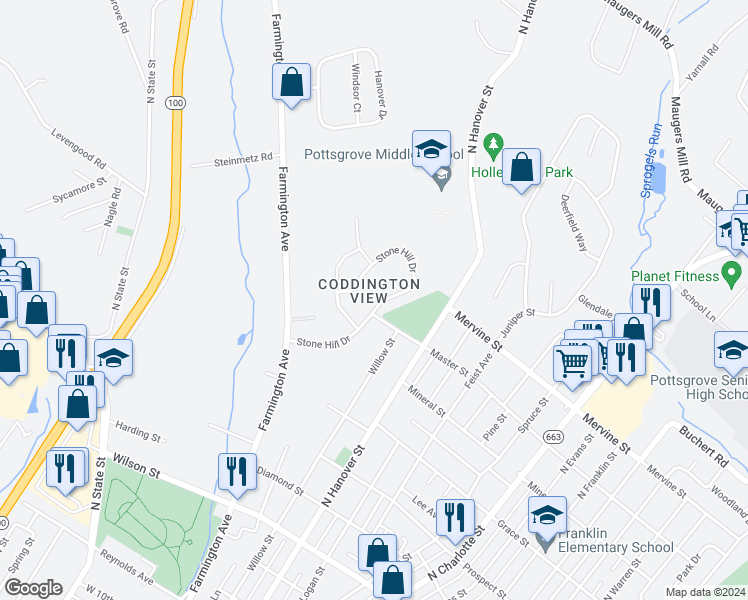 map of restaurants, bars, coffee shops, grocery stores, and more near 129 Stone Hill Drive in Pottstown