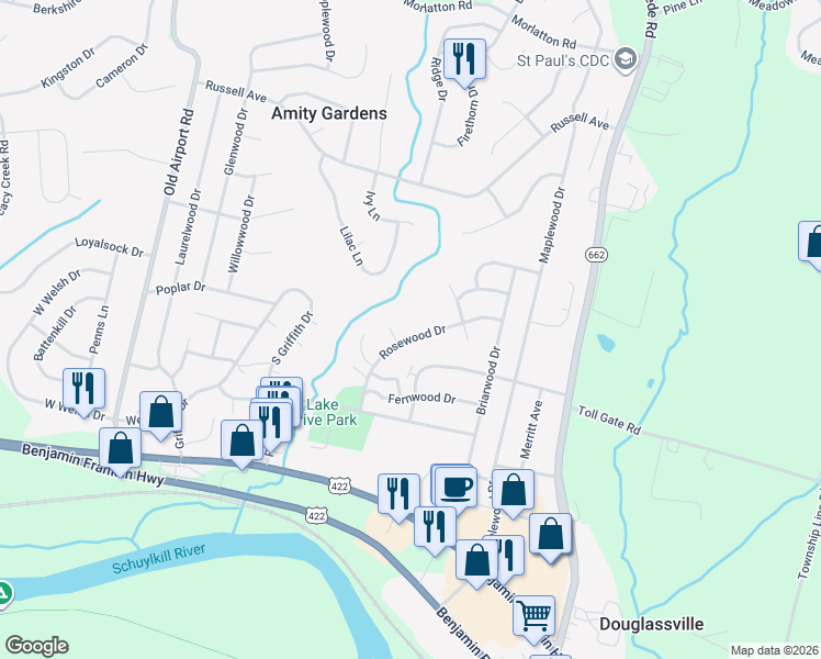 map of restaurants, bars, coffee shops, grocery stores, and more near 732 Rosewood Drive in Douglassville