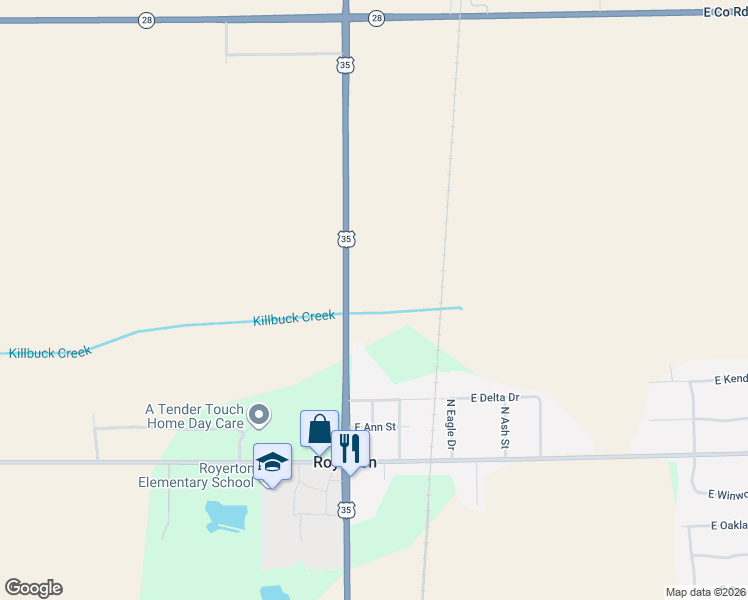 map of restaurants, bars, coffee shops, grocery stores, and more near 8600 North Co Road 100 East in Muncie