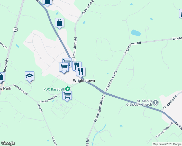 map of restaurants, bars, coffee shops, grocery stores, and more near 538 Durham Road in Newtown