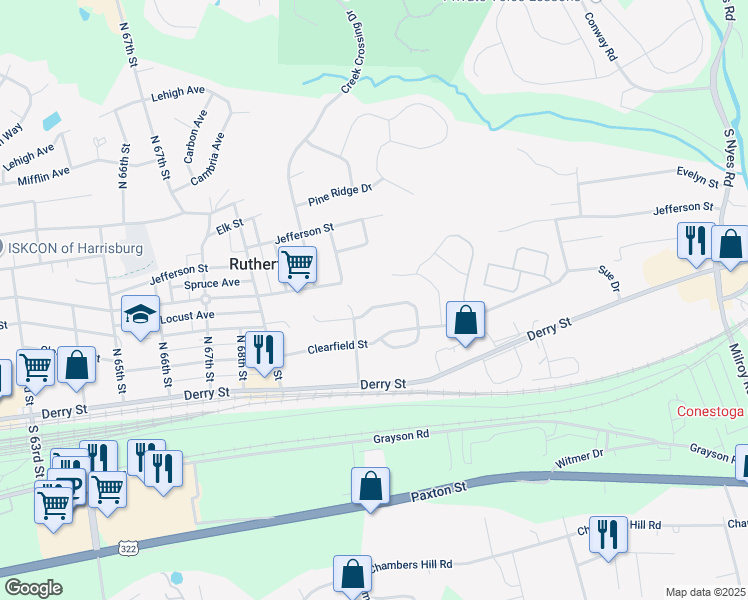 map of restaurants, bars, coffee shops, grocery stores, and more near 7224 Huntingdon Street in Harrisburg