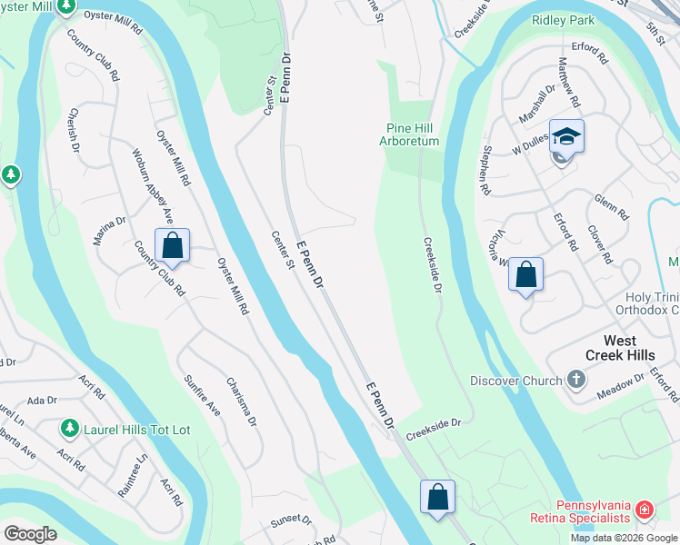 map of restaurants, bars, coffee shops, grocery stores, and more near East Penn Drive in Enola