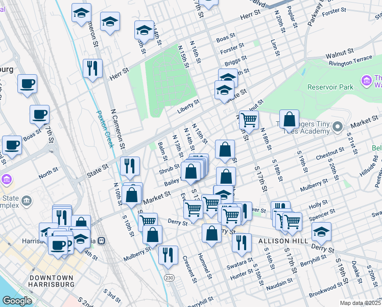 map of restaurants, bars, coffee shops, grocery stores, and more near 66 North 14th Street in Harrisburg