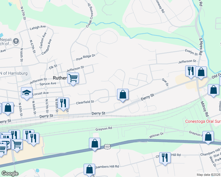 map of restaurants, bars, coffee shops, grocery stores, and more near 142 Kristy Lane in Harrisburg