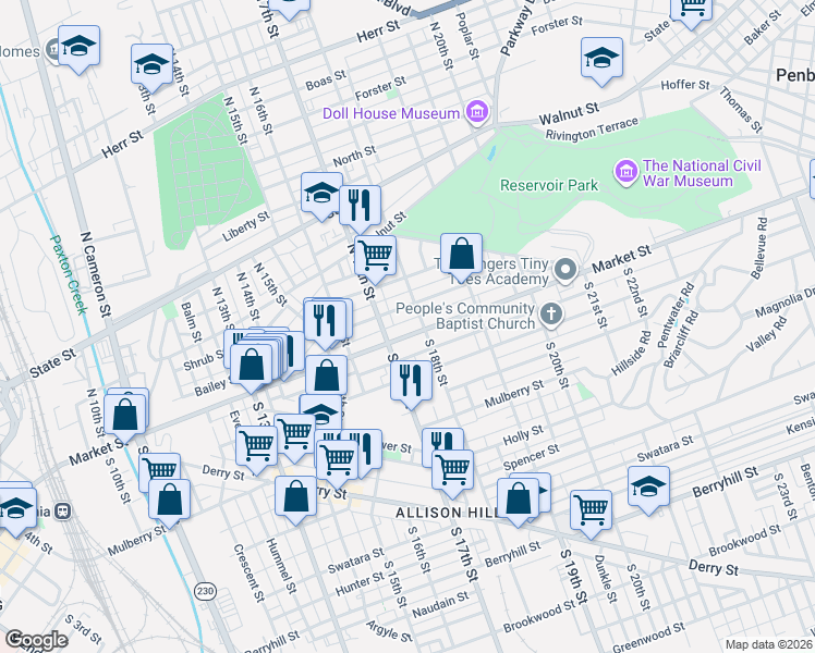 map of restaurants, bars, coffee shops, grocery stores, and more near 1708 Market Street in Harrisburg