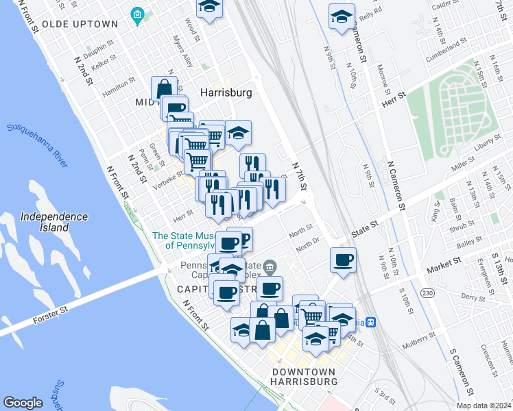 map of restaurants, bars, coffee shops, grocery stores, and more near in Harrisburg